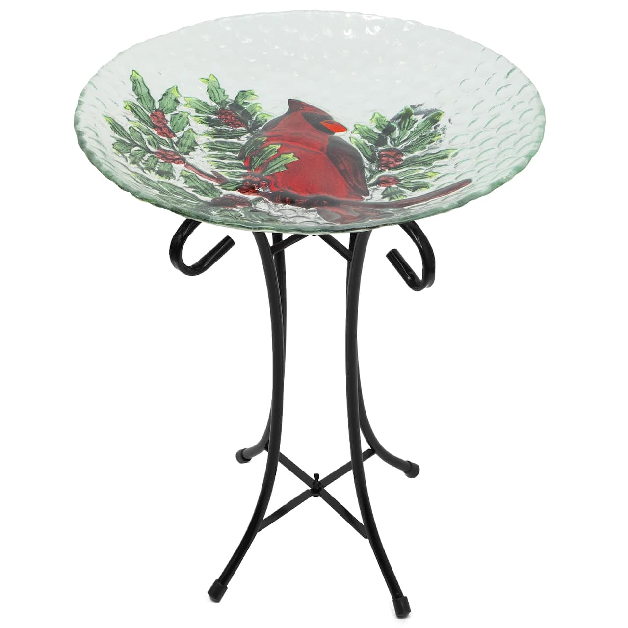 21" Red Cardinal & Pine Cone Glass Bird Bath with Stand
